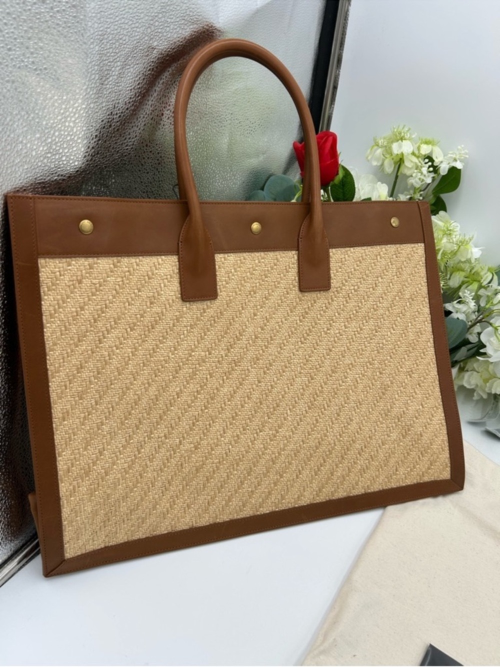 Women’s Saint Laurent RIVE GAUCHE tote bag natural sand, RAFFIAN brick leather - Picture 9 of 15